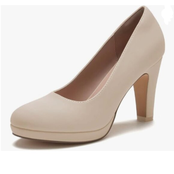 miss left Nude Low Platform Chunky High Heel Slip On Round Toe Pump Dressy Shoes - Picture 1 of 8